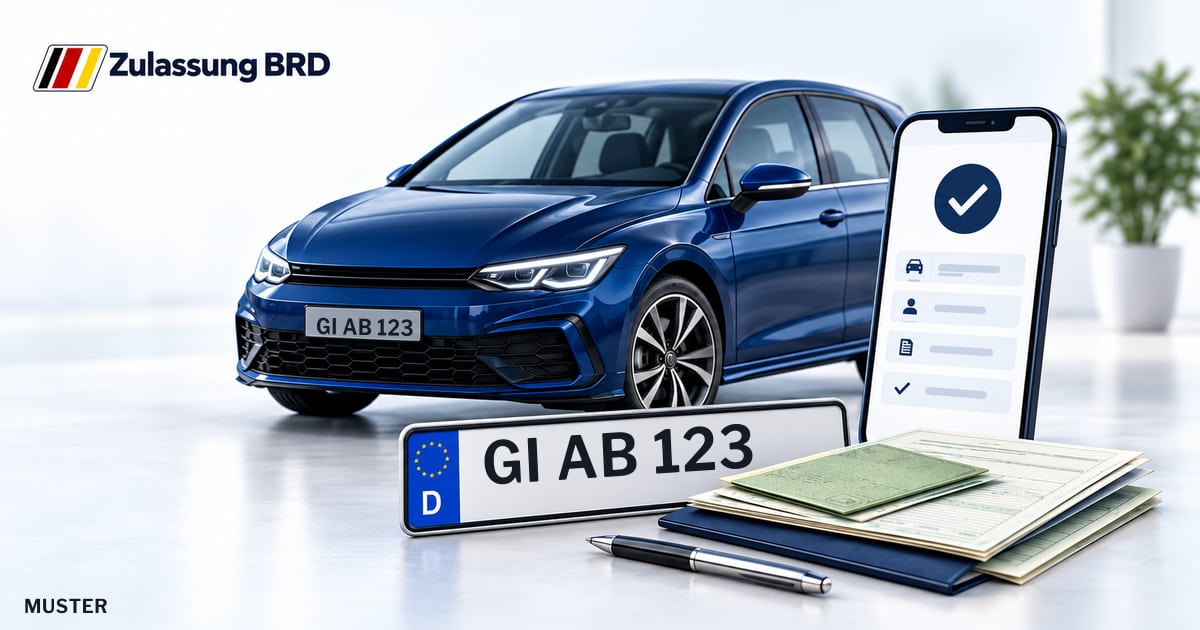 Online Fahrzeugzulassung in Landkreis Gießen: Musterkennzeichen GI AB 123, Auto und Fahrzeugpapiere und Smartphone. Illustration mit Logo von Zulassung BRD.